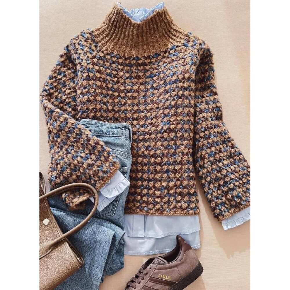 Women's Chunky Knit Sweater Mock Neck Long Sleeve Brown Cozy Casual Top - Picture 2 of 6